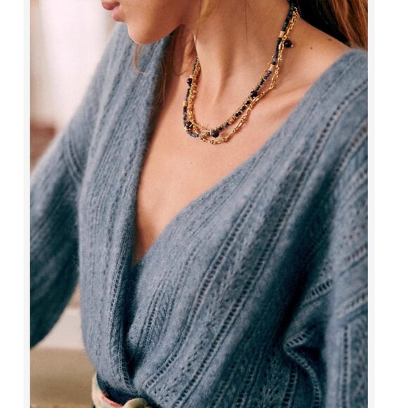 NWT Sezane Cristina Jumper Blue Vintage Sweater French Wool Mohair V Neck - Picture 3 of 6